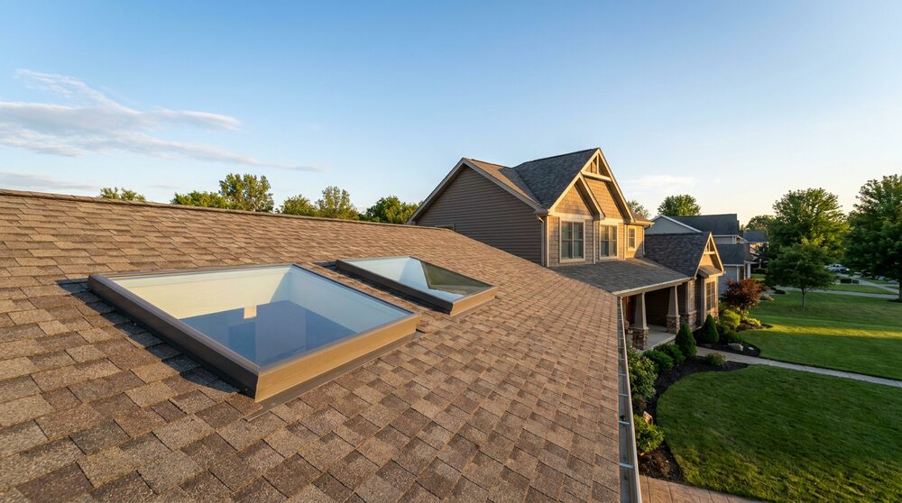 New skylights installed on an asphalt shingle roof
